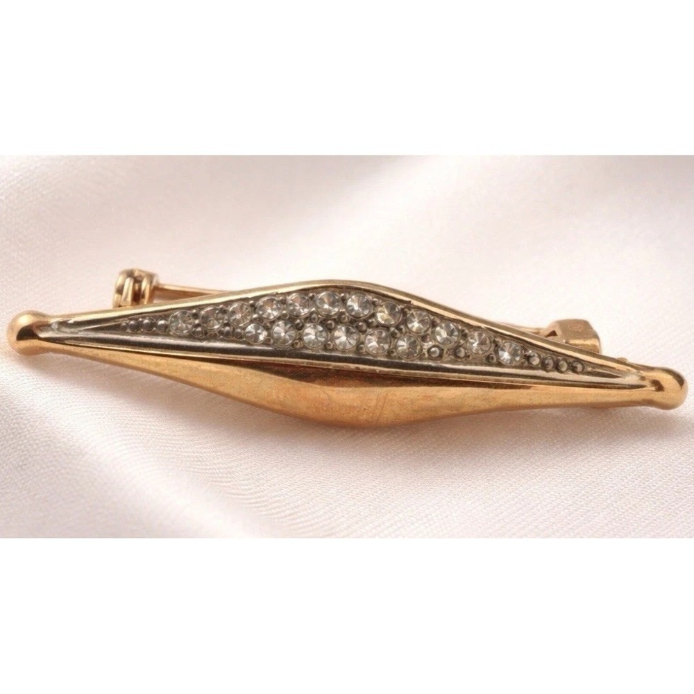 Vintage Rhinestone Navette Brooch Gold Tone Art Deco Style Pin
